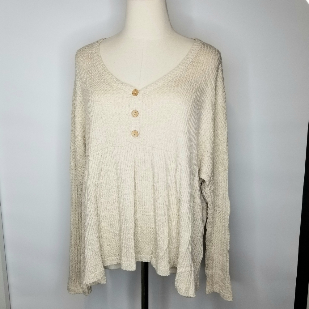 Jolie Beige Dolman Longsleeve Flared Hem Half Button Waffle Thin Top , 1XL